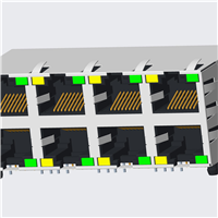 RJ45 5921 ; 2X4 ports ; With LED ; With metal shield（EMI Fingers） . PCB Retaining Post: hollow(Type B）